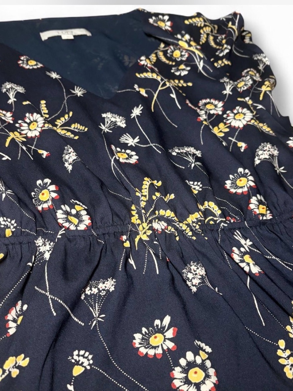 LOFT Navy Floral V-Neck Dress with Yellow & White Accents